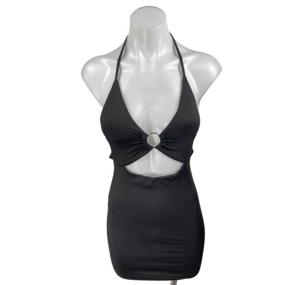 Princess Polly Black Sleeveless Cutout Halter Tie Backless Mini Bodycon Dress 4 - Picture 1 of 5